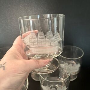 Vintage Frosted Etched Glass Goblets with Ship Design, Set of 6